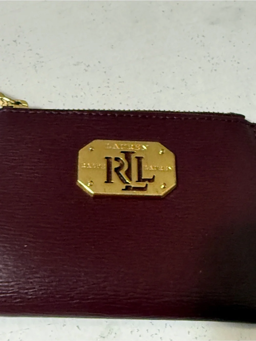 Ralph Lauren Deep Burgundy Leather Key & Card Holder with Gold RL Plaque